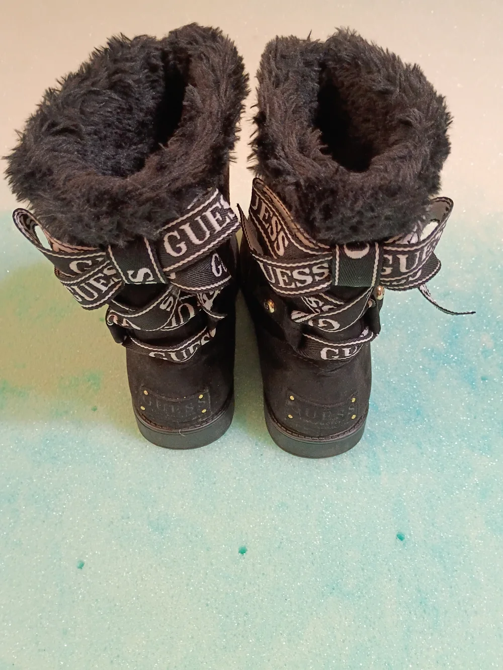 Guess Black Quilted Faux-Fur Winter Boots‎ with Logo Ribbon Detail